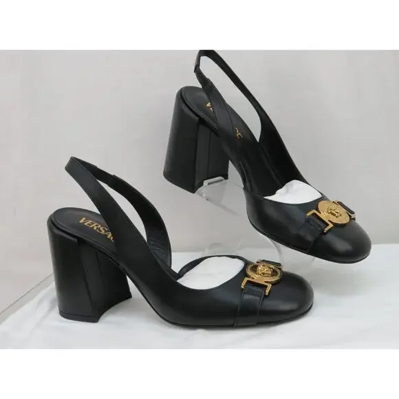 NIB VERSACE BLACK LEATHER GOLD MEDUSA LOGO SANDALS LOW HEEL PUMPS 40 10